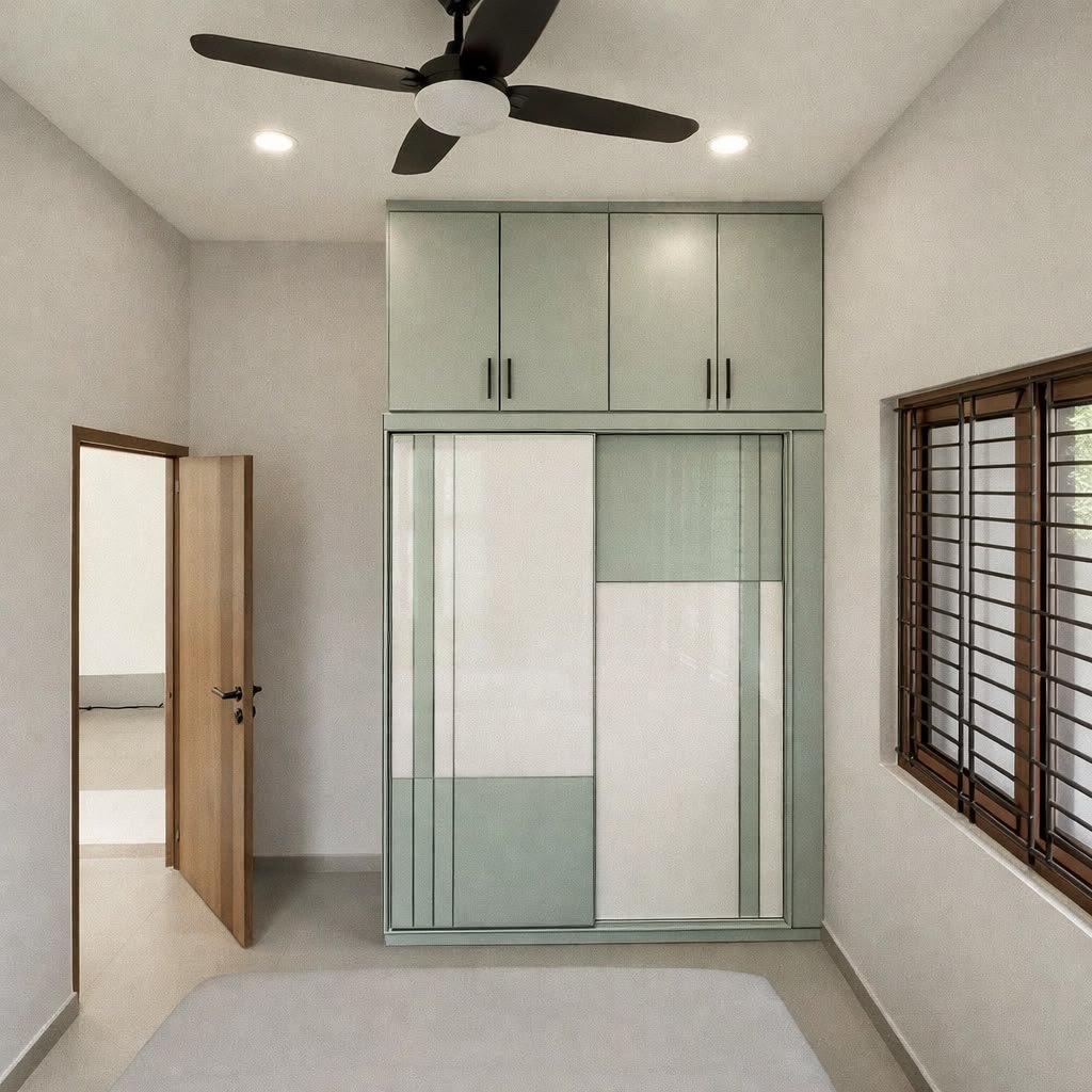 Aluminium Sliding Wardrobe with Minimal Bedroom Setup, aluminium interiors by Dhrithi Infra