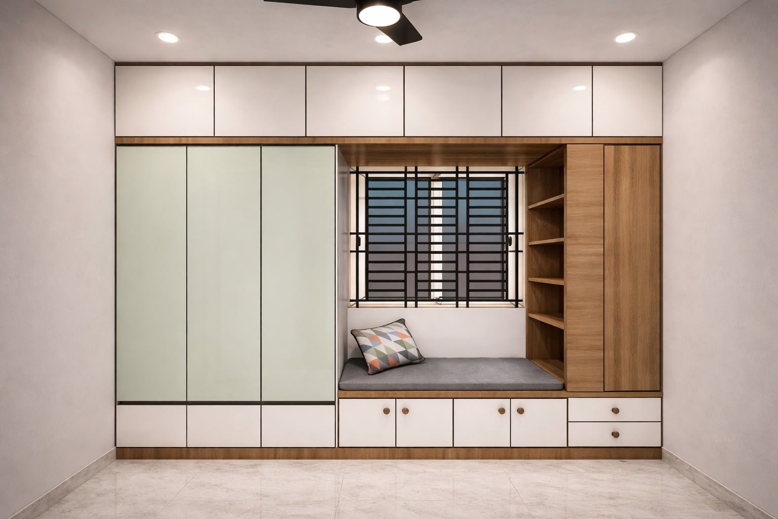 Aluminium Storage Wall Unit with Window Seating, aluminium interiors by Dhrithi Infra