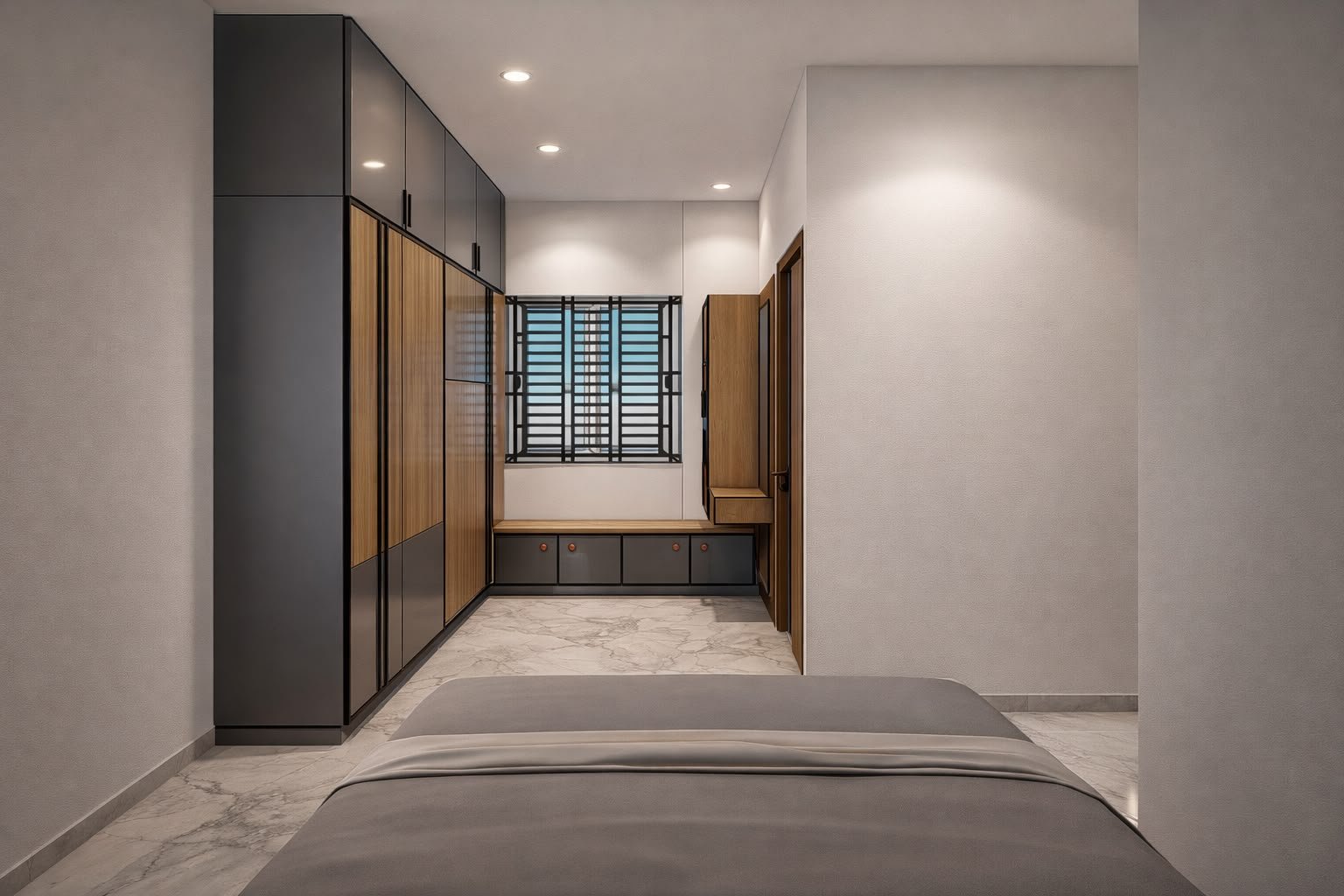 Aluminium Wardrobe with Wooden Finish Accents, aluminium interiors by Dhrithi Infra