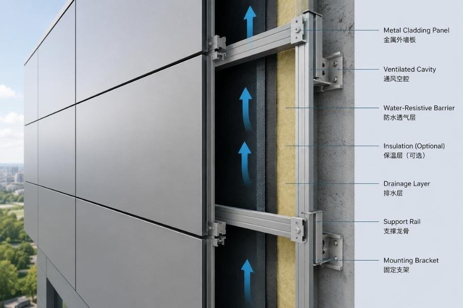 Cavity and drainage path behind cladding