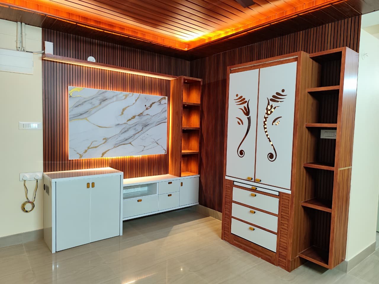 Contemporary TV Unit with Storage Cabinet Design, aluminium interiors by Dhrithi Infra