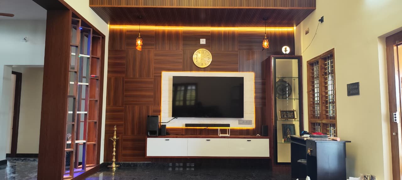 Elegant Wooden TV Unit with Display Shelves, aluminium interiors by Dhrithi Infra