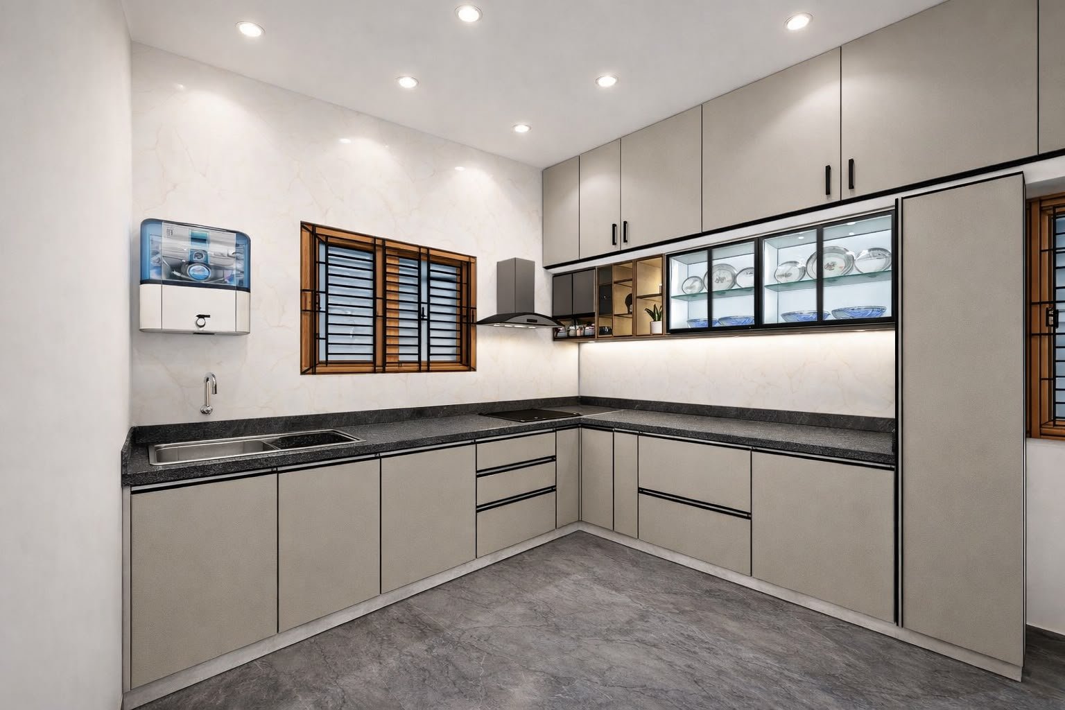 Modern Aluminium Modular Kitchen Design, aluminium interiors by Dhrithi Infra