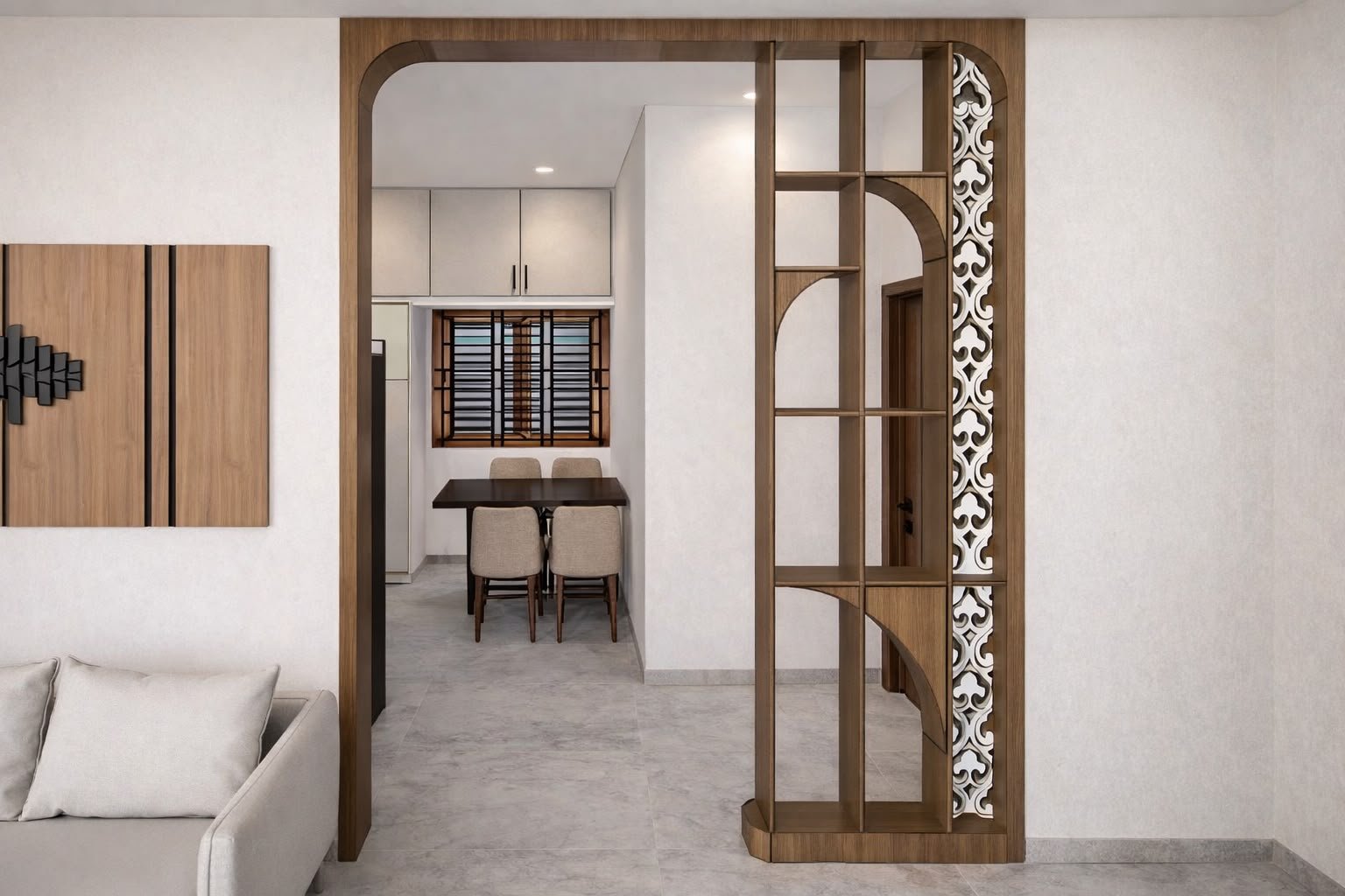 Modern Aluminium Partition with Wooden Frame Design, aluminium interiors by Dhrithi Infra