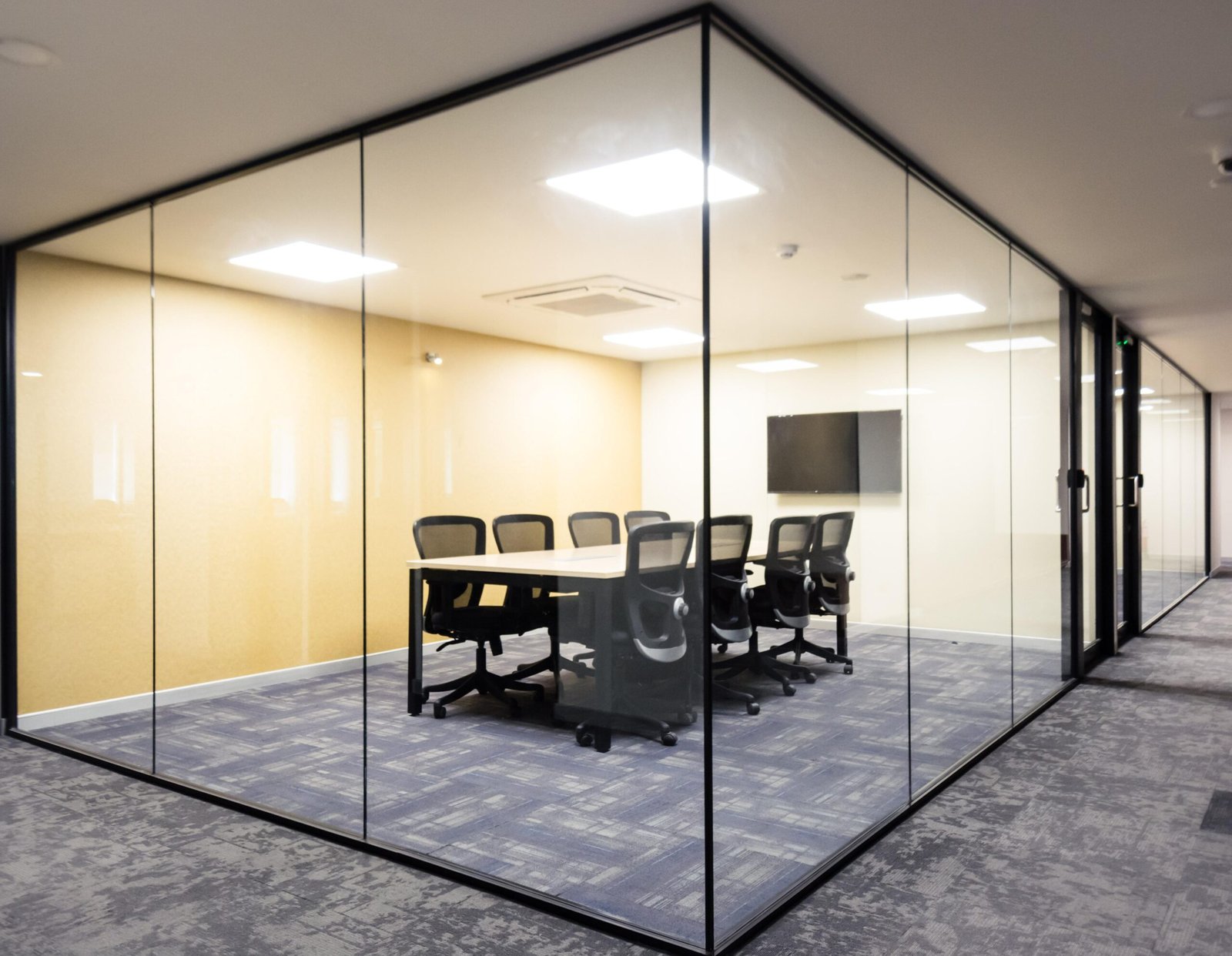 Glass partitions and doors in an office