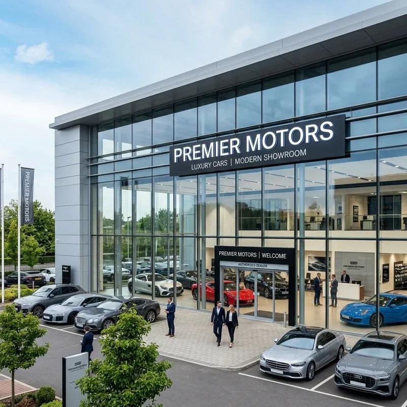 Showroom frontage with structural glazing and a signage band