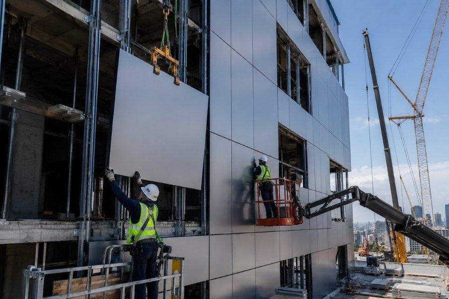 Cladding and glazing detail on a finished facade